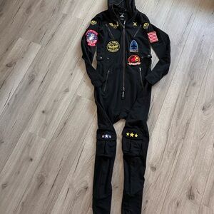 ONEPIECE Black Hooded Jumpsuit with Patches.